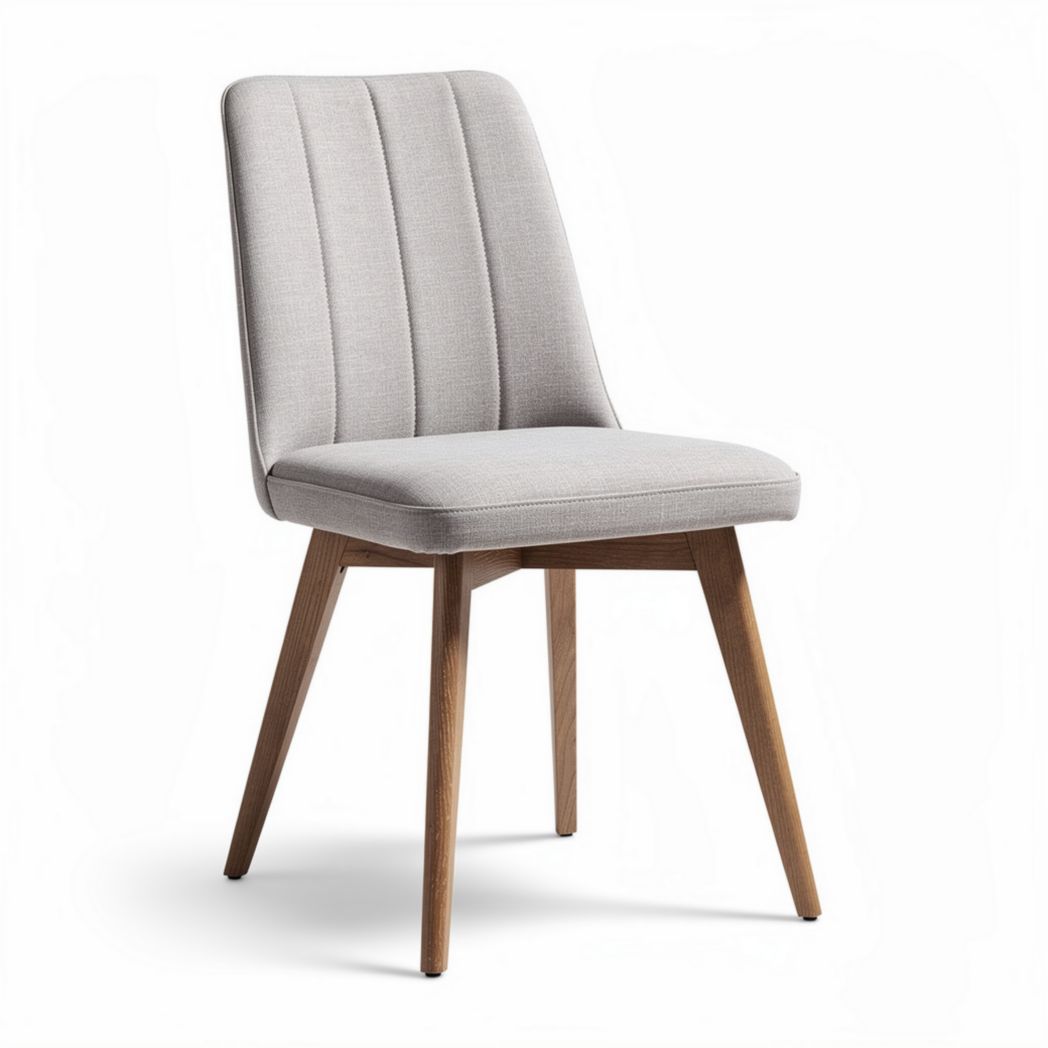 Eetkamerstoel van beige stof met houten poten 45 x 55 x 90cm