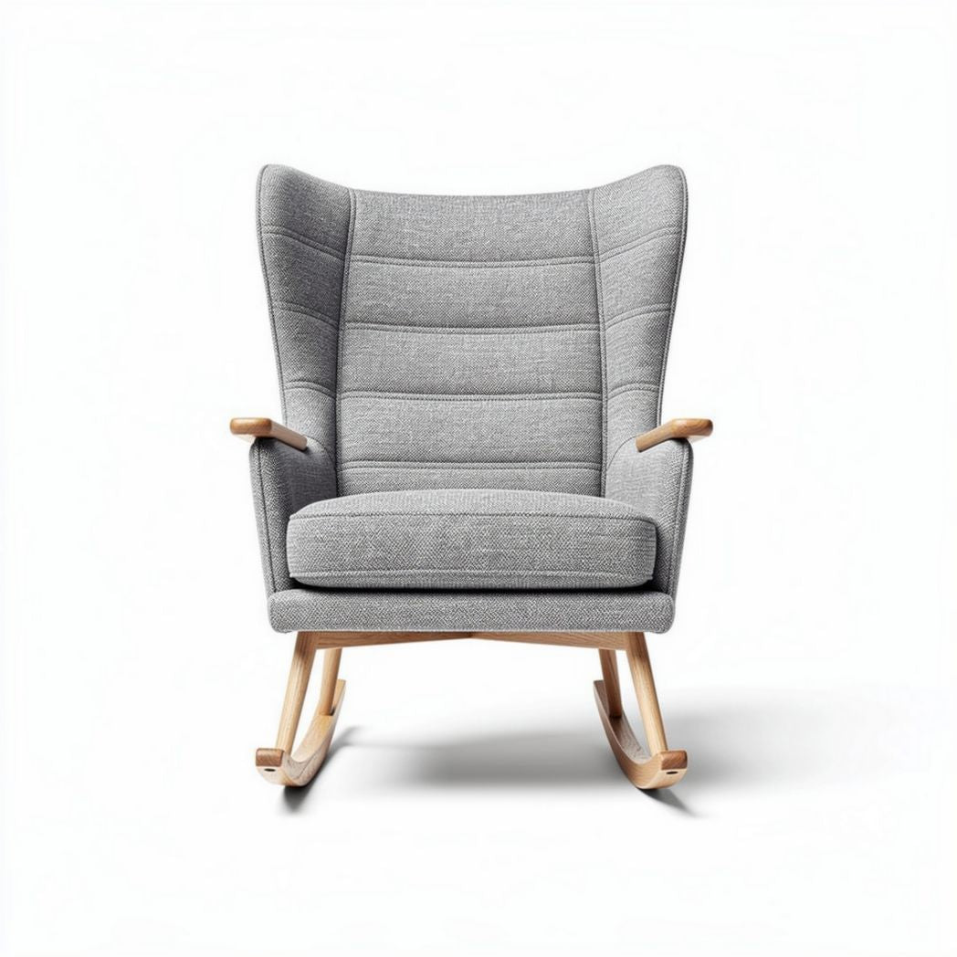 Zachte grijze schommelstoel van stof met houten poten 75 x 70 x 100cm