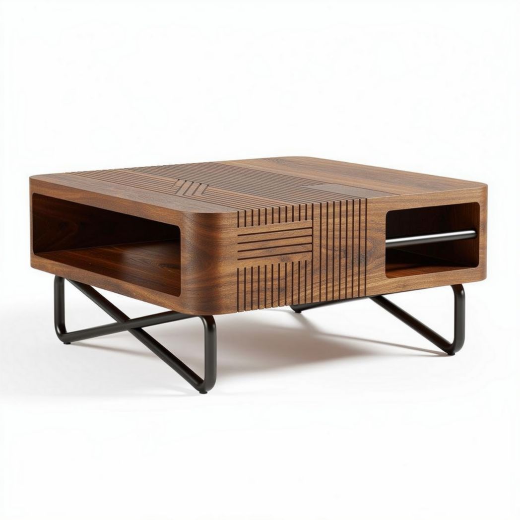 Houten salontafel met metalen onderstel en opbergruimte 60 x 60 x 30cm