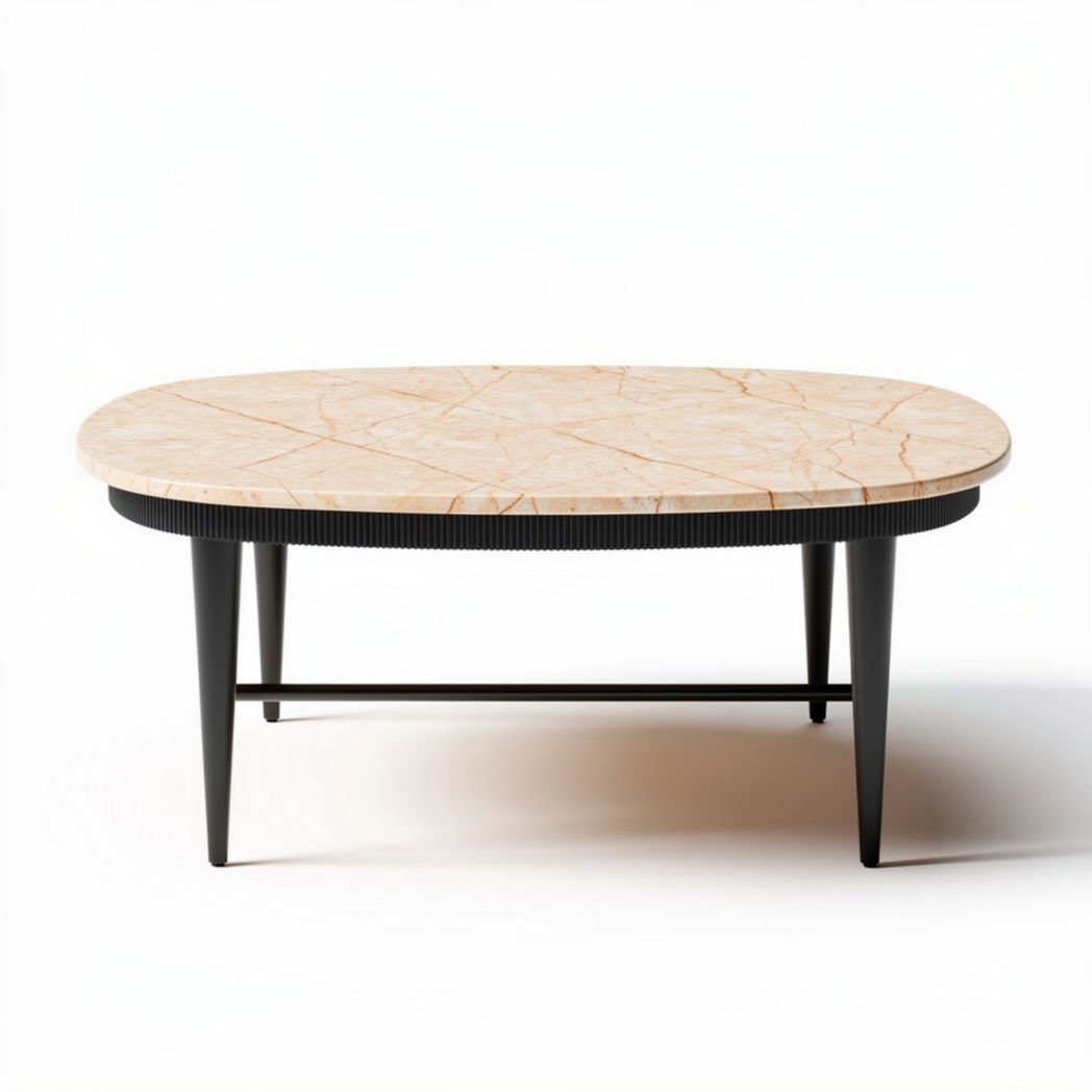 ovale salontafel van marmer met zwart metalen onderstel 150 x 90 x 45cm