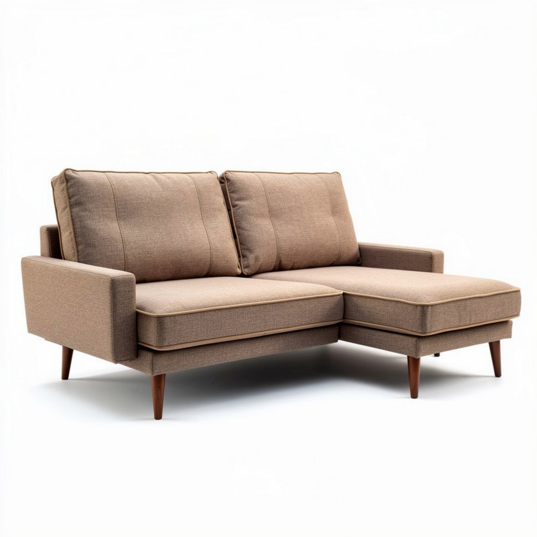 L-vormige bank van stof in bruin met afmetingen 180 x 90 x 80cm