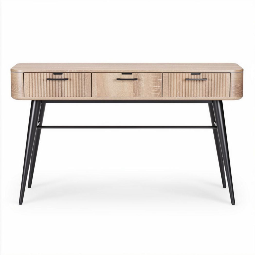 Houten bureau met drie lades en zwarte metalen poten 120 x 40 x 75cm