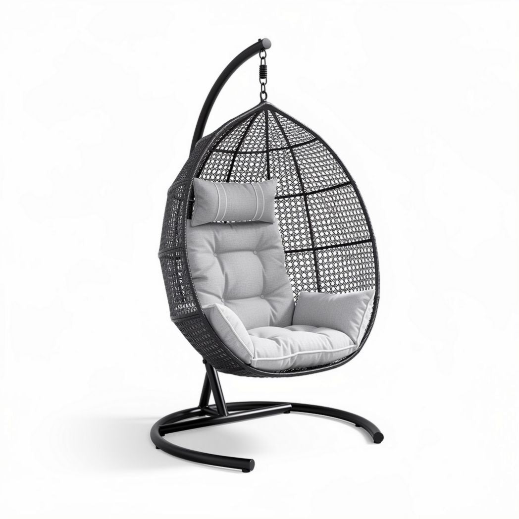 Hangstoel van rotan met kussen in grijs en zwart 120 x 100 x 150cm