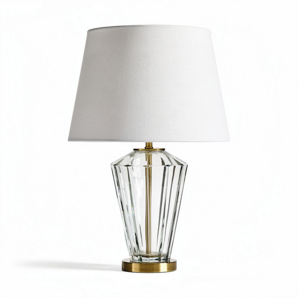 Tafellamp van glas met witte stoffen kap en gouden voet 30 x 30 x 50cm