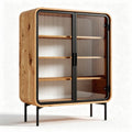 houten glazen vitrine kast met zwarte metalen details 90 x 45 x 120cm