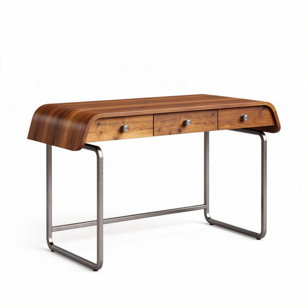 houten bureau met metalen poten en drie lades 120 x 60 x 75cm